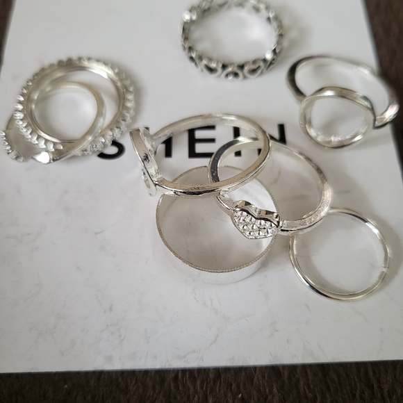NEW Shein Set of 9 stacking silver  midi assorted sizes rings hearts and more💕 - Picture 2 of 3